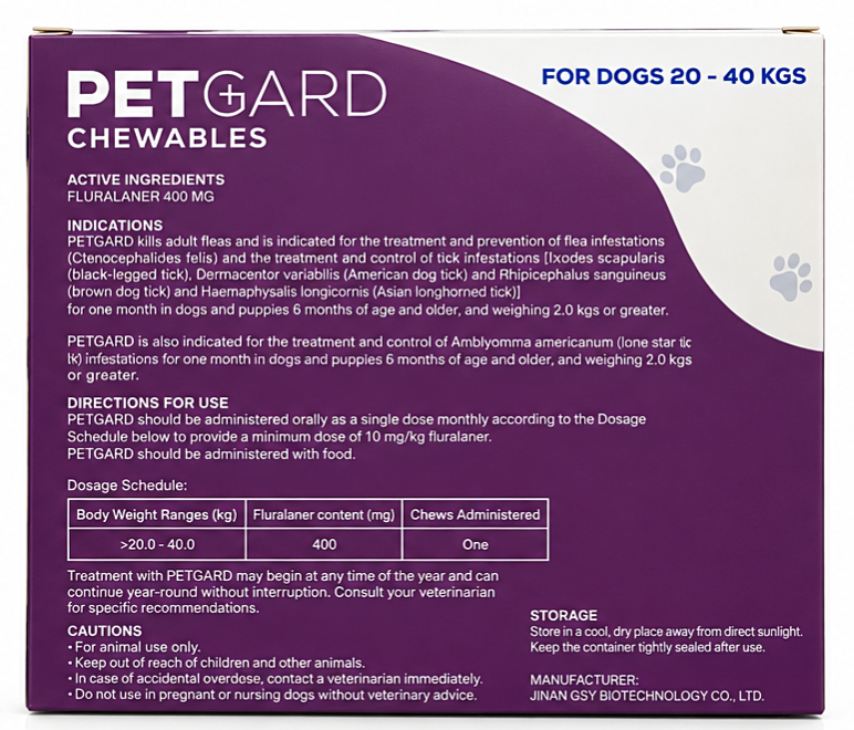 PETGARD Soft Beef-Flavored Fluralaner Chewables for Dogs 20–40 kg – 3 Chewables