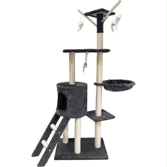 Multi-Tiered Cat Tree Tower with Condo, Basket Hammock, Ladder, and Dangling Toys