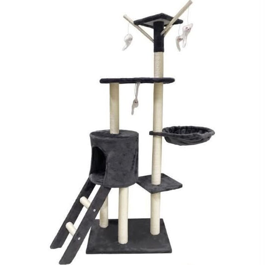 Multi-Tiered Cat Tree Tower with Condo, Basket Hammock, Ladder, and Dangling Toys