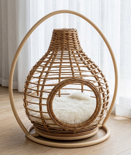 Hanging Teardrop Woven Rattan Cave Cat Bed