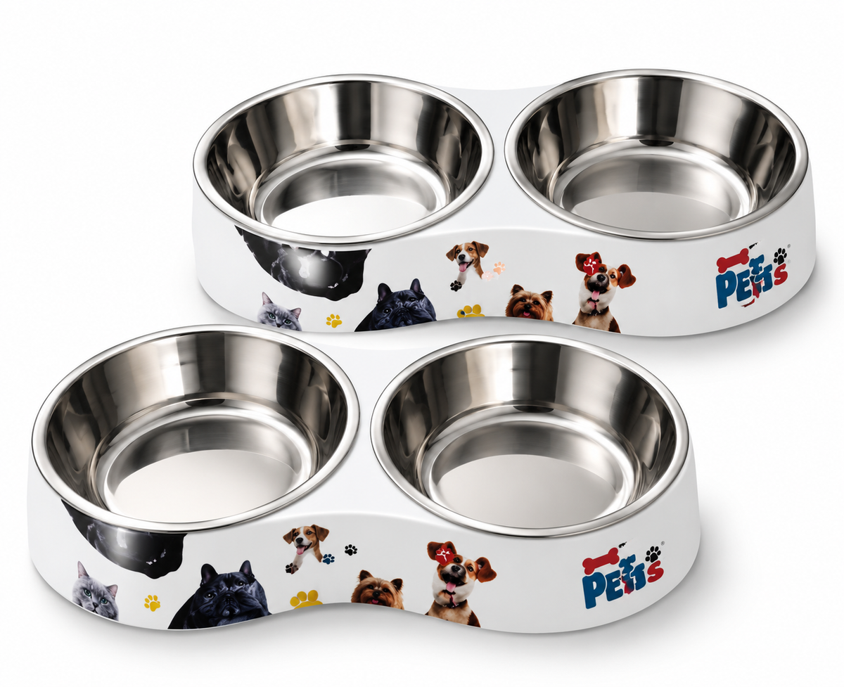 Double Stainless Steel Set with Printed Melamine Stand Food And Water Bowl