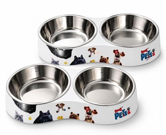 Double Stainless Steel Set with Printed Melamine Stand Food And Water Bowl