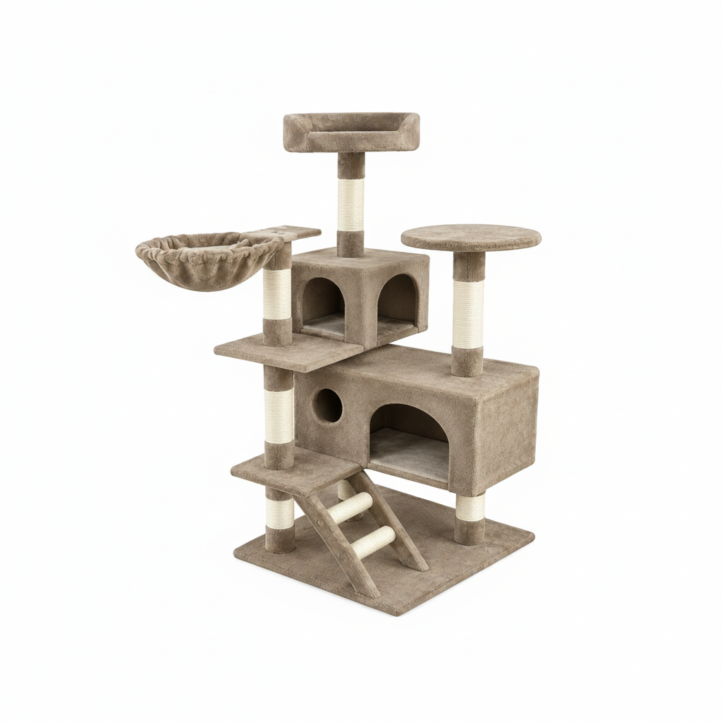 Multi-Level Cat Tree Tower with Dual Condos, Basket Hammock, Ladder, and Lookout Perches