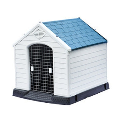 Outdoor Plastic Dog Kennel House with Metal Door & Shingle Roof