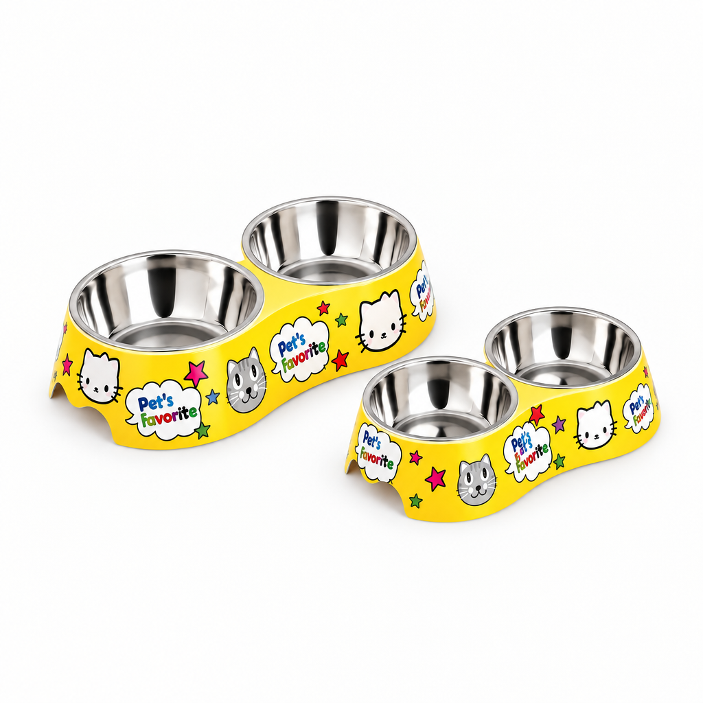 Double Stainless Steel Set with Printed Melamine Stand Food And Water Bowl