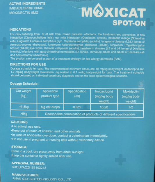 MOXICAT Spot-On for Cats Under 8 kg – 3 Applicators x 0.8 ml