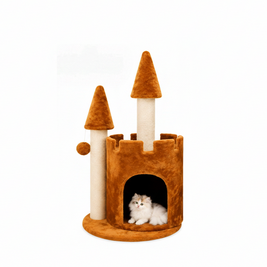 Medieval Castle Cat Condo with Turret Scratching Posts and Dangling Toy