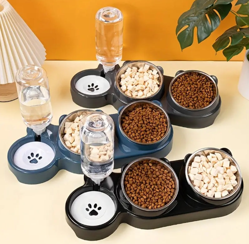 3-in-1 Automatic Water & Double Food Bowl Set with Stainless Steel Inserts