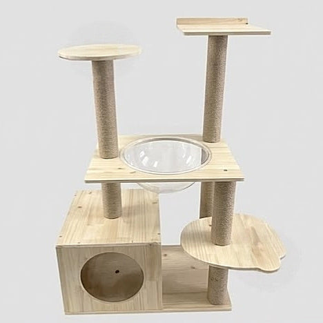 Modern Solid Wood Multi-Level Cat Tree Tower with Clear Capsule & Cube Condo