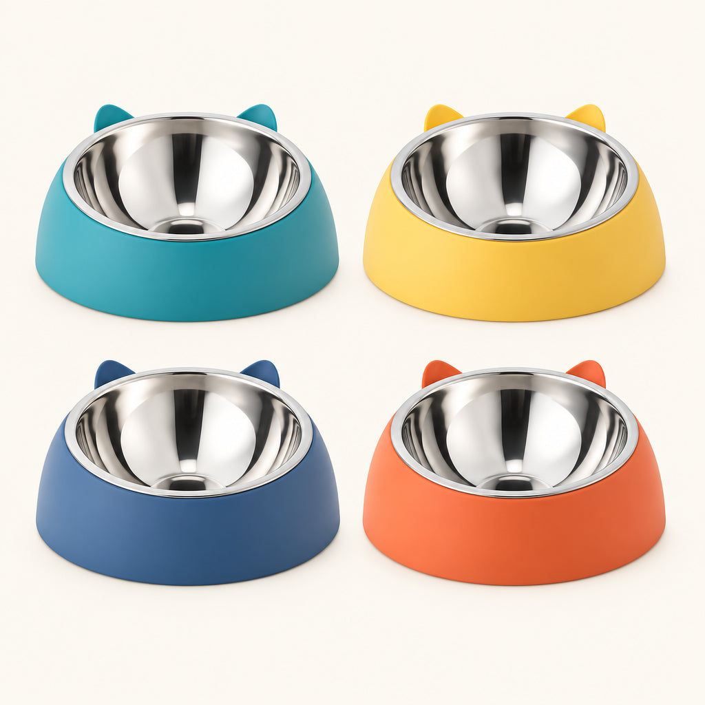 Tilted Stainless Steel Pet Bowl with Pet Ear Base