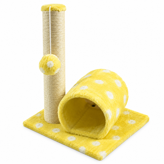 Compact Yellow Polka Dot Cat Scratching Post with Tunnel Hideaway and Dangling Ball