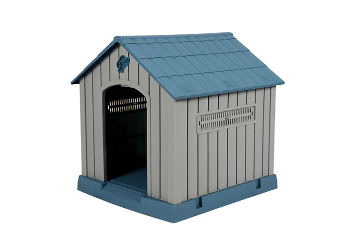 Outdoor Plastic Dog Kennel House with Blue Tile Roof & Air Vents with Metal Door