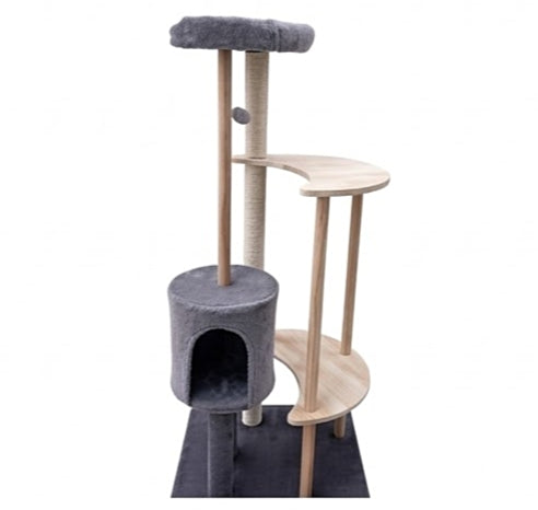 Modern Wooden Moon & Charcoal Grey Plush Multi-Level Cat Tree Tower