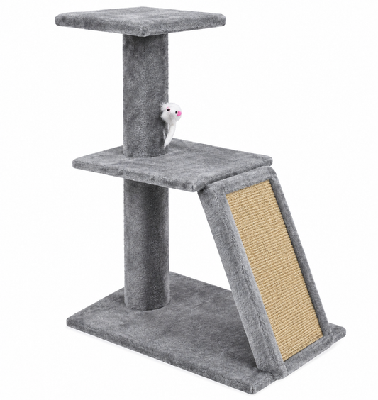 Small 2-Tier Cat Tree Tower with Slanted Sisal Scratching Ramp and Attached Mouse Toy