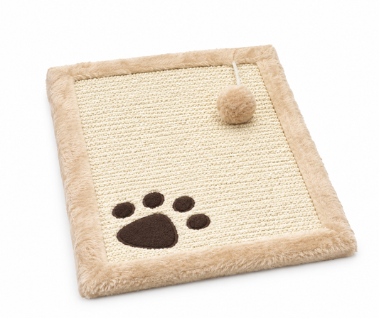 Plush Border Cat Scratching Pad with Paw Print Detail & Teaser Ball