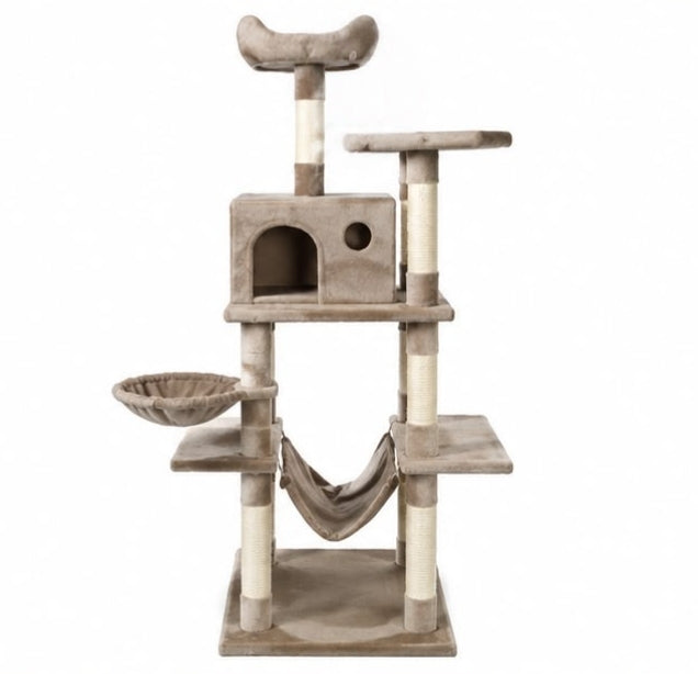 Classic Taupe Multi-Level Cat Tree Tower with Hammock Basket & Condo