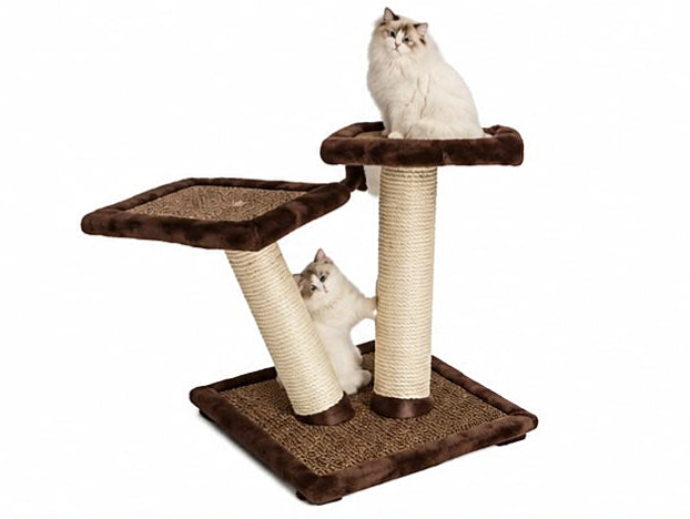 Compact Dual-Platform Brown Plush Cat Tree & Scratching Post