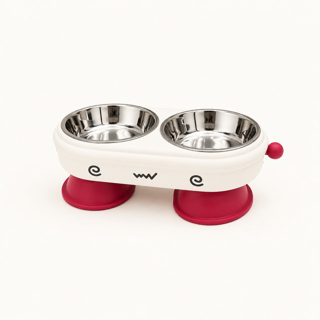 Double Stainless Steel Raised Pet Bowl with Cartoon Face Stand