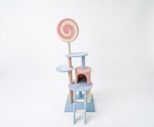 Multi-Level Candy Swirl & Pastel Lollipop Cat Tree Tower with Ladder