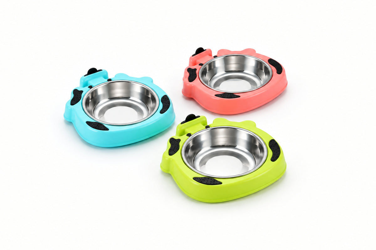 Stainless Steel Pet Bowl with Cute Cow Shaped Melamine Base