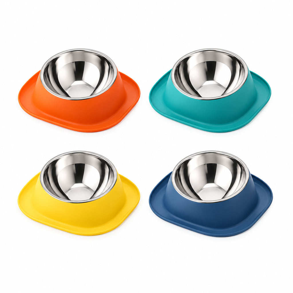 Tilted Stainless Steel Pet Bowl with Non-Spill Tray Base