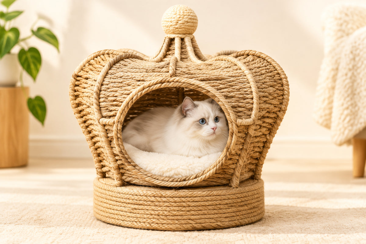 Crown-Shaped Woven Rattan Cave Cat Bed