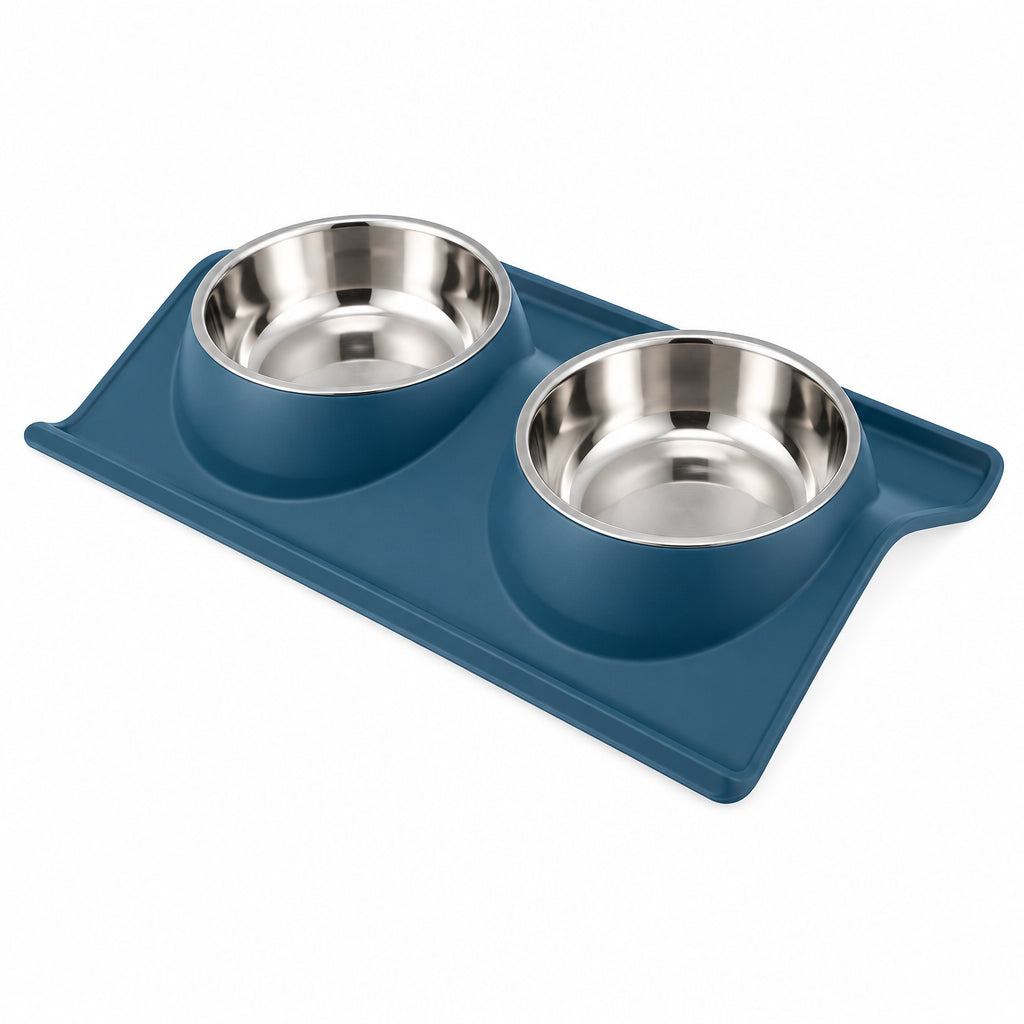 Double Stainless Steel Set with Spill-Proof Tray Base Food And Water Bowl