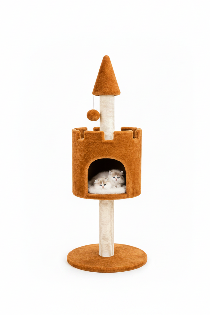 Elevated Castle Cat Condo Tower with Turret Scratching Post and Hanging Toy