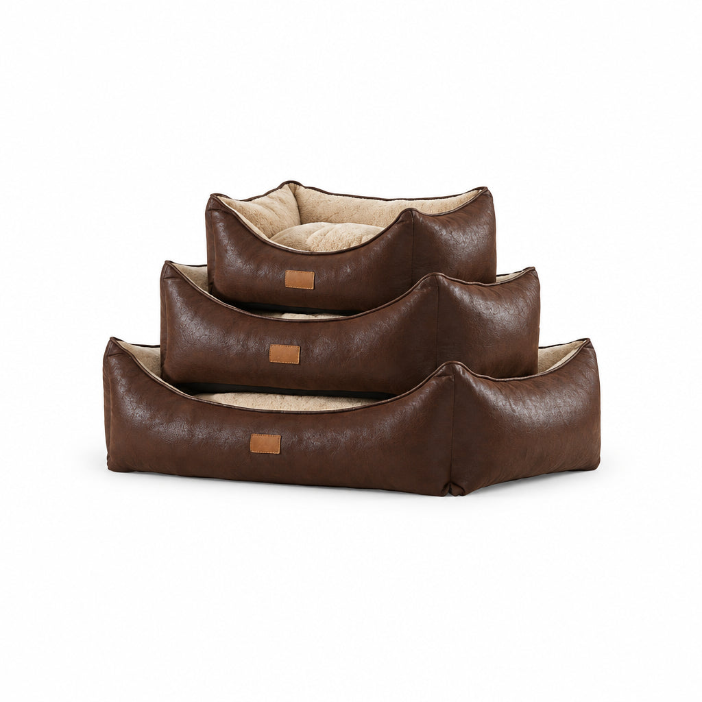 Koala Luxury Square Leatherette & Striped Plush Pet Bed | BROWN