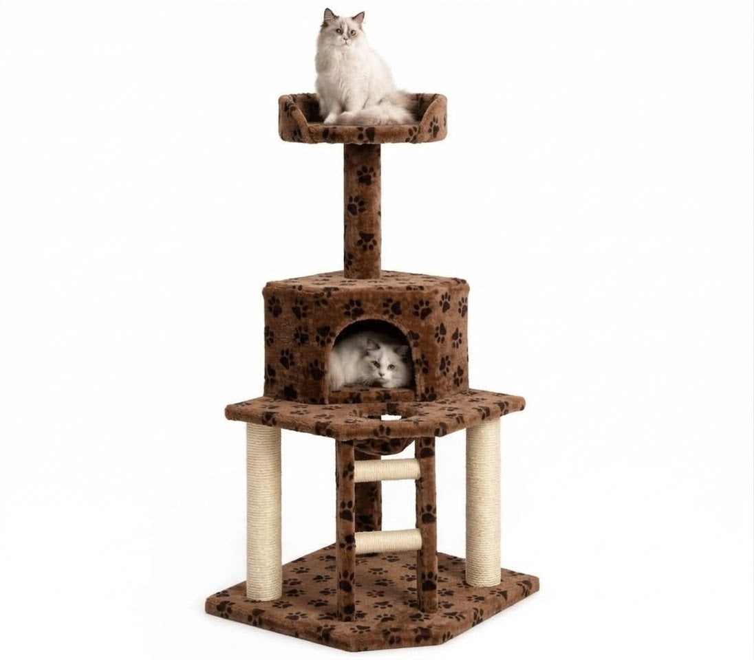 Brown Paw-Print Multi-Level Plush Cat Tree Tower with Ladder & Condo