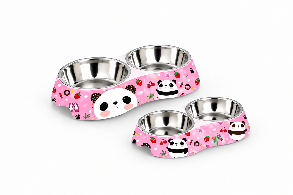 Double Stainless Steel Set with Printed Melamine Stand Food And Water Bowl