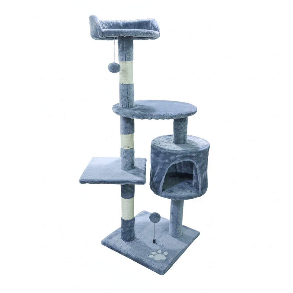 Multi-Level Cat Tree Tower with Perch Bed, Cylindrical Condo, and Paw Print Accent