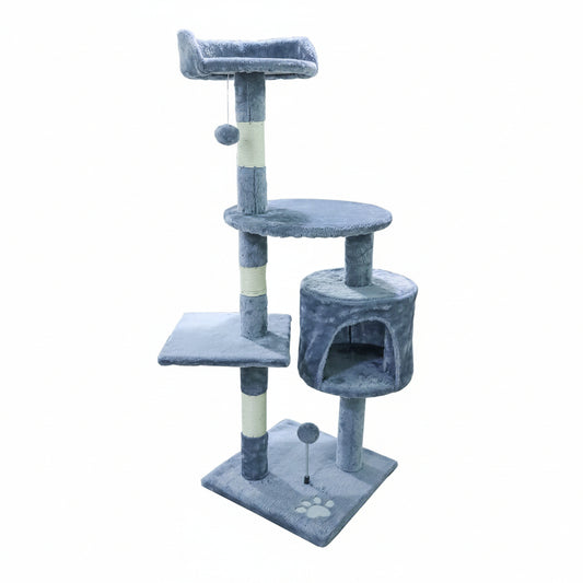 Multi-Level Cat Tree Tower with Perch Bed, Cylindrical Condo, and Paw Print Accent
