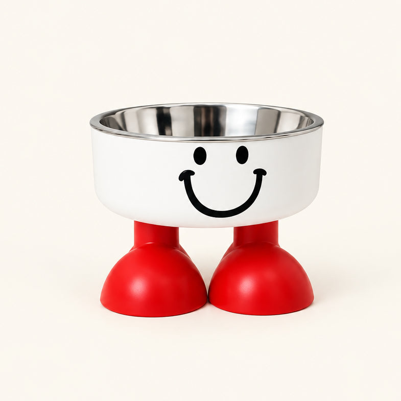 Elevated Stainless Steel Pet Bowl with Smiley Face Feet Stand
