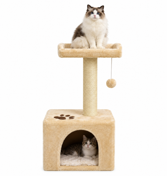 2-Tier Cat Tree Tower with Paw Print Accent, Cubby Condo, and Elevated Perch Bed