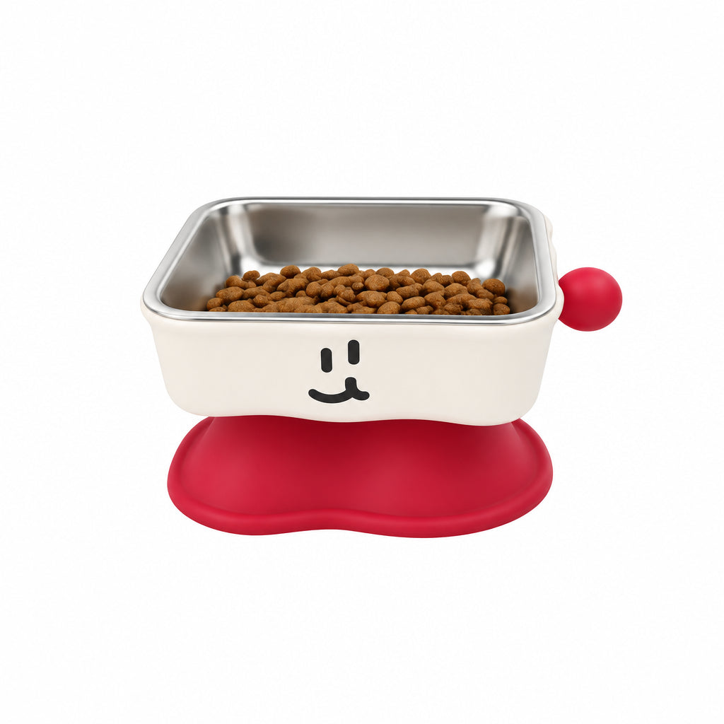 Elevated Square Stainless Steel Pet Bowl with Cartoon Face Stand
