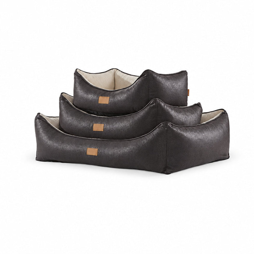 Koala Luxury Square Leatherette & Striped Plush Pet Bed | BLACK