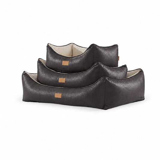 Koala Luxury Square Leatherette & Striped Plush Pet Bed | BLACK