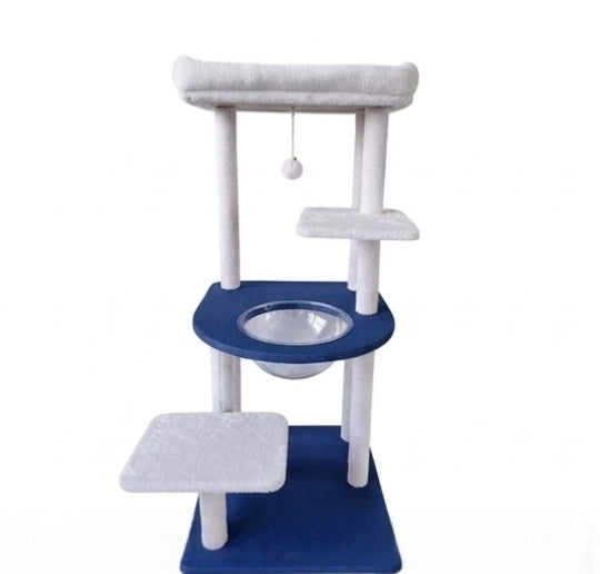 Modern Navy & Cream Clear Acrylic Capsule Bowl Cat Tree Tower