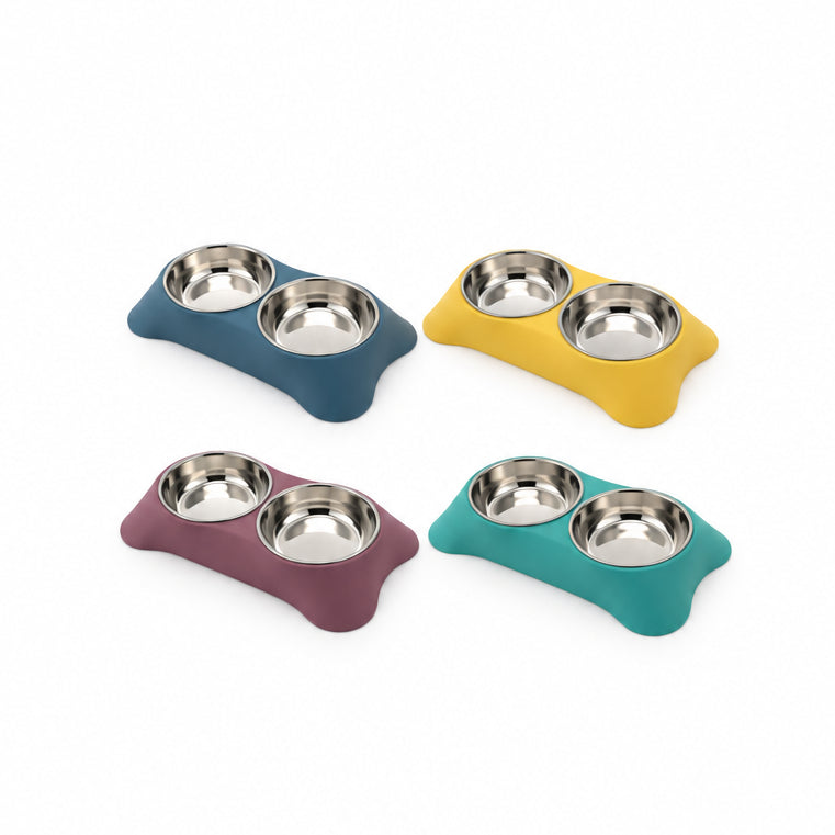 Double Stainless Steel Raised Pet Bowl with Bone-Shaped Stand