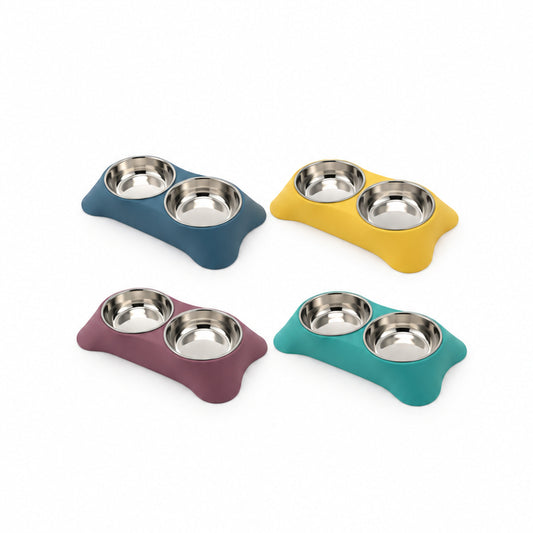 Double Stainless Steel Raised Pet Bowl with Bone-Shaped Stand
