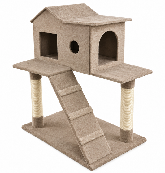 Two-Story House Cat Tree Activity Center with Ramp and Scratching Posts