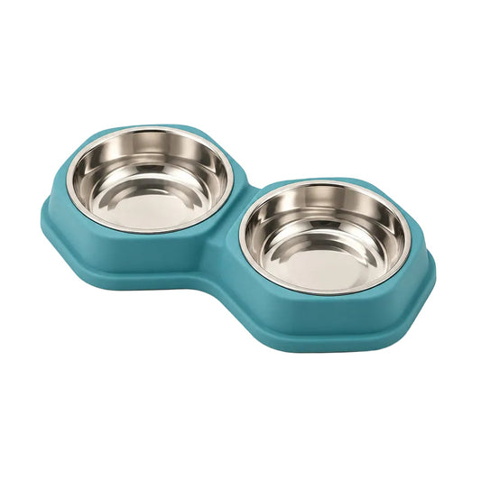 Double Stainless Steel Set with Hexagonal Non-Spill Base Food And Water Bowl
