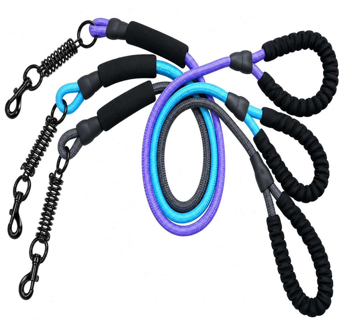 Heavy-Duty Reflective Rope Dog Leash with Dual Soft EVA Foam Handles & Anti-Shock Spring (14mm*120cm)