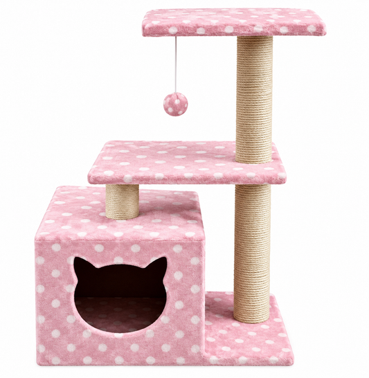 Multi-Level Pink Polka Dot Cat Tree Tower with Cat-Shaped Condo, Perches, and Hanging Toy