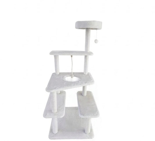 Minimalist All-White Multi-Level Cat Tree Tower with Clear Capsule Bowl