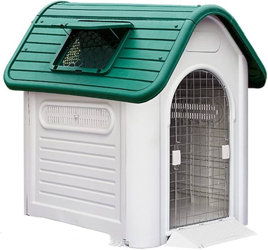 Outdoor Plastic Dog Kennel House with Metal Door, Skylight Window & Access Ramp
