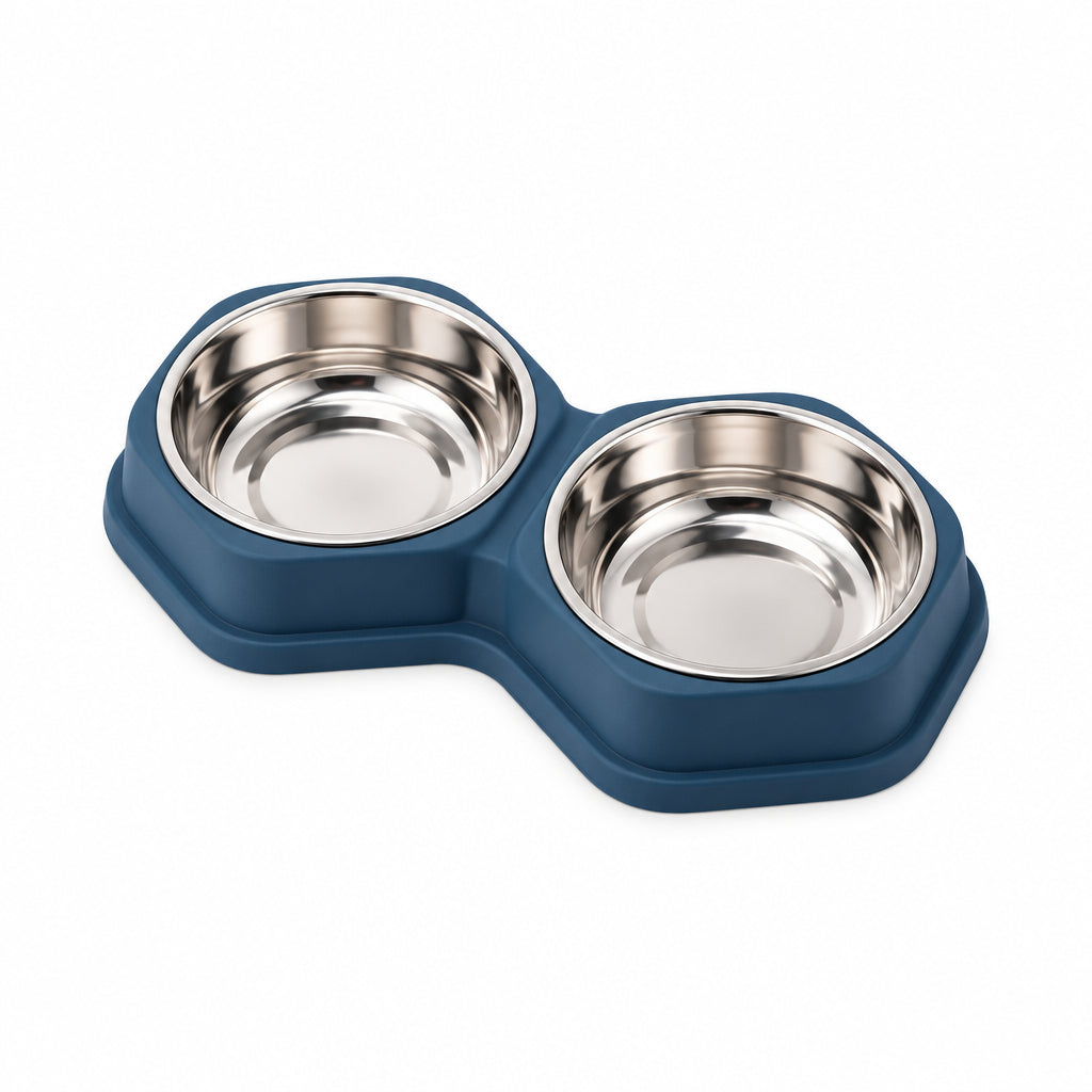 Double Stainless Steel Set with Hexagonal Non-Spill Base Food And Water Bowl