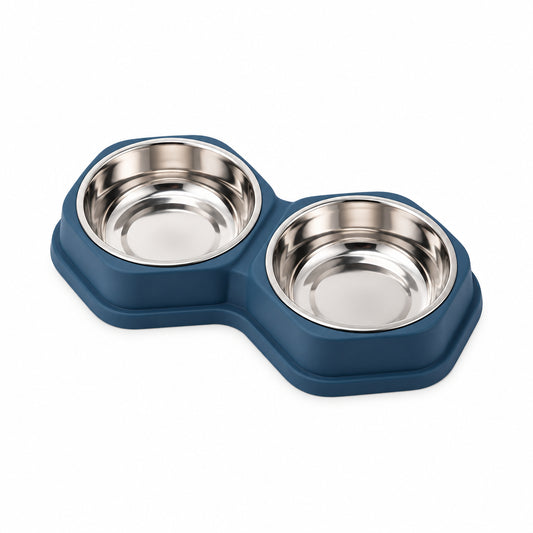 Double Stainless Steel Set with Hexagonal Non-Spill Base Food And Water Bowl