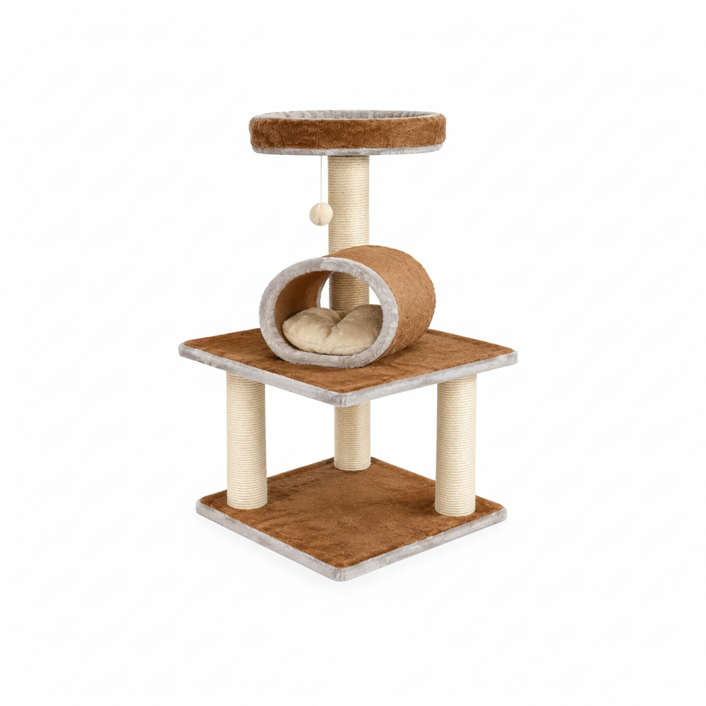 2-Tier Cat Tree Tower with Oval Tunnel Condo, Top Lookout Bed, and Scratching Posts